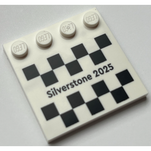 Plate Special 4 × 4, Studs on One Edge with 'Silverstone 2025' and Checkered Print in Weiß