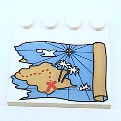 Plate Special 4 × 4, Studs on One Edge with Ocean Pirate Treasure Map Right-Half Print in Weiß