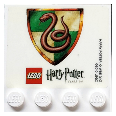 Plate Special 4 × 4 with Studs on One Edge and 'LEGO Harry Potter Years 1 - 4' with Slytherin Crest Print (Sticker) White