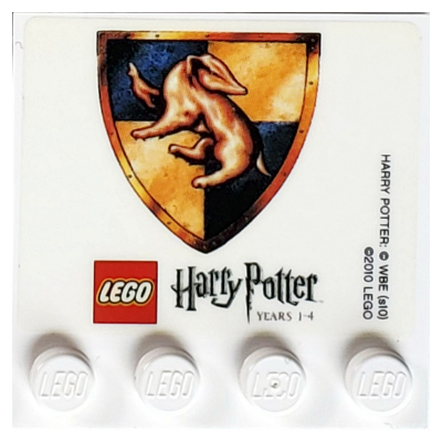 Plate Special 4 × 4, Studs on One Edge with 'LEGO Harry Potter Years 1 - 4' with Hufflepuff Crest Print (Sticker) White