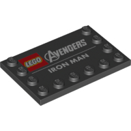 Plate Special 4 × 6 with Studs on 3 Edges with 'LEGO Avengers Iron Man' print Black