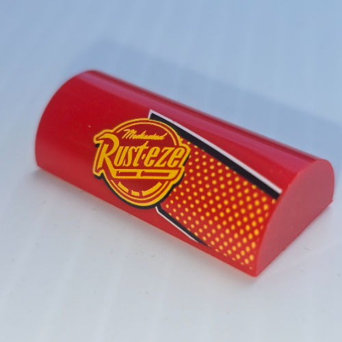 Brick Curved 2 × 4 Double, No Studs with Bright Light Orange Dots, Rust-eze Logo print Red