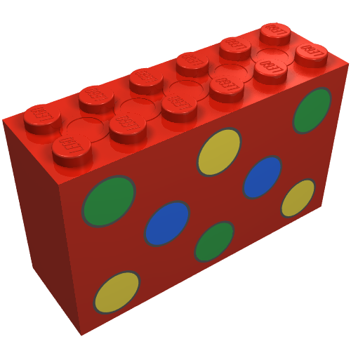 Brick 2 × 6 × 3 with Green, Yellow and Blue Dots Print Red
