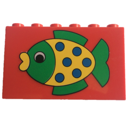Brick 2 × 6 × 3 with Green and Yellow Fish Print Red