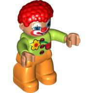Duplo Figure with Clown Hair Red, with Painted Face, 3 Buttons and Flower on Shirt Print, and Orange Legs Limette