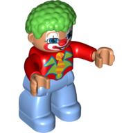Duplo Figure with Clown Hair Green, with Painted Face, Notched Lapels, and Medium Blue Legs Red