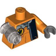Torso Jumpsuit with Zipper, Agents Villain Logo, and Silver Inset Print, Orange Left Arm with Dark Bluish Gray Hand, Metallic Silver Mech Right Arm Orange
