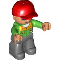 Duplo Figure with Cap Red, with Bright Green Long Sleeve Shirt with Light Orange Collar and Pocket Flaps - Nougat Face with Open Mouth Smile - Dark Bluish Gray Legs Hellgrün