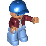 Duplo Figure with Cap Blue, with Dark Red Long Sleeve Shirt over White Shirt - Medium Blue Legs Dark Red