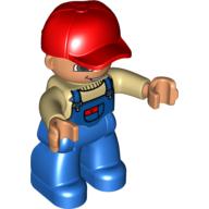 Duplo Figure with Cap Red, with Tan Top under Blue Coveralls with Red Pocket Flap - Blue Legs Beige