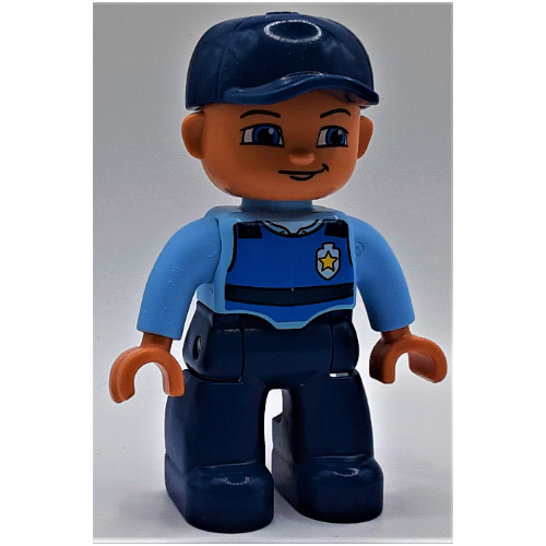 Duplo Figure with Cap Dark Blue, with Dark Blue Legs, Life Jacket and Police Badge Print Leuchtendes Hellblau