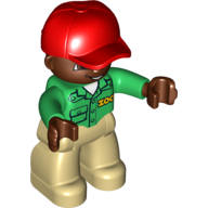 Duplo Figure with Cap Red, with Green Long Sleeve Shirt with 'ZOO' on Front and Back, Dark Brown Face and Hands, Tan Legs Green