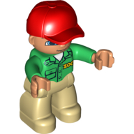 Duplo Figure with Cap Red, with Green Long Sleeve Shirt with 'ZOO' on Front and Back - Tan Legs Grün