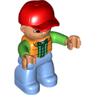 Duplo Figure with Cap Red, with Orange Vest over Green Long Sleeve Shirt - Medium Blue Legs Orange