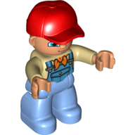 Duplo Figure with Cap Red, with Tan Shirt and Orange Bandana (Scarf) under Blue Coveralls - Medium Blue Legs Beige