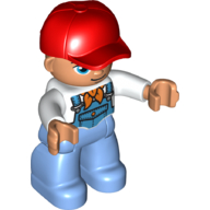 Duplo Figure with Cap Red, with White Shirt and Orange Bandana (Scarf) under Blue Coveralls - Medium Blue Legs Weiß