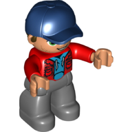 Duplo Figure with Cap Dark Blue, with Red Jacket over Shirt - Dark Bluish Gray Legs Red