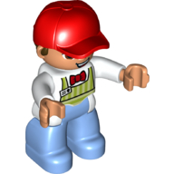Duplo Figure with Cap Red, with Bright Light Blue Legs, Lime Apron, Red Bow Tie Print Weiß