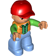 Duplo Figure with Cap Red, with Orange Vest over Green Long Sleeve Shirt - Medium Blue Legs Orange