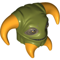 Minifig Head Special Boolio, 4 Bright Orange Horns, Dark Tan Eyes print Olive Green