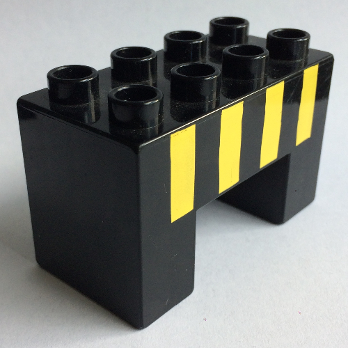 Duplo Brick 2 × 4 × 2 with 2 × 2 Square Arch with Four Yellow Stripes Print Schwarz