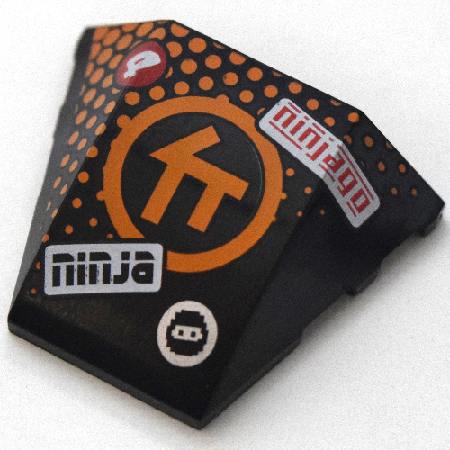 Brick Wedged, Curved 4 × 3 No Studs, with Orange Asian Symbol, Circle, 'Ninja' print Black