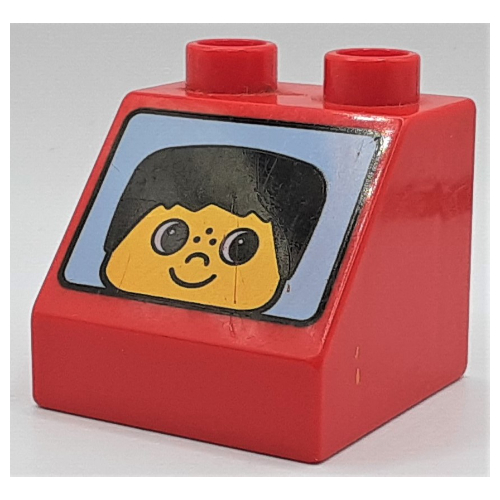 Duplo Brick 2 × 2 Slope 45° with Face with Black Hair Short Print Red