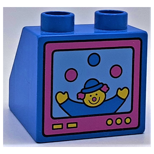 Duplo Brick 2 × 2 Slope 45 with Television Clown Print on Vertical Side Blau