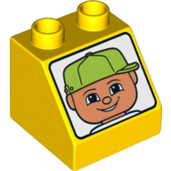 Duplo Brick 2 × 2 Slope 45° with Male Light Nougat Face with Lime Baseball Cap Print Yellow