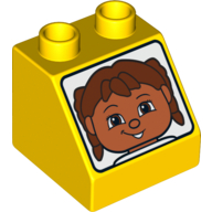 Duplo Brick 2 × 2 Slope 45° with Female Face with Brown Hair Print Gelb