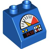 Duplo Brick 2 × 2 Slope 45° with Gauge, Buttons, Display with '34.50' Print Blau