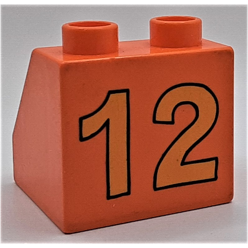 Duplo Brick 2 × 2 Slope 45° with Yellow '12' on Back Print Orange