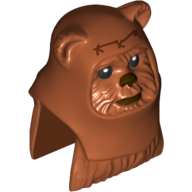 Minifig Head Special, Ewok with Dark Orange Hood with Reddish Brown Stitching Print (Wicket) Reddish Brown