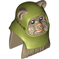 Minifig Head Special, Ewok with Olive Green Hood Print (Ewok Warrior) Dark Tan