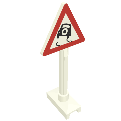 Road Sign Triangle with Skidding Car Print (Old Car with Tire on Back) White