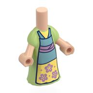 Microdoll Body Long Dress Yellowish Green with Blue Apron, Bright Light Yellow Square, Copper Flowers, Bands print Hellnougat