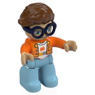 Duplo Figure with Hair Swept Right Reddish Brown, Dark Blue Glasses, with Medium Azure Legs, Shirt Print Orange