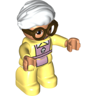 Duplo Figure with Hair Swept Right White, with Bright Light Yellow Legs, Pink Apron Print and Brown Glasses Bright Light Yellow