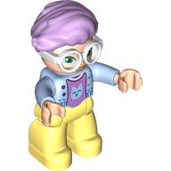 Duplo Figure with Hair Swept Right Lavender, with Bright Light Yellow Legs, Magenta Shirt with Cat Head Print, White Glasses Bright Light Blue