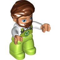 Duplo Figure with Hair Swept Right with Beard Reddish Brown, with Lime Legs, Overalls Print White