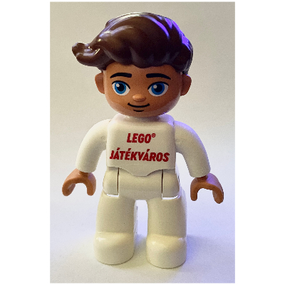 Duplo Figure with Hair Swept Right Reddish Brown, with White Legs, 'LEGO Játékváros' / LEGO Logo Print White