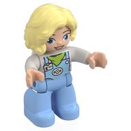 Duplo Figure with Long Hair Parted on Left Bright Light Yellow, Bright Light Blue Legs, Lime Neckerchief Print Weiß