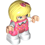 Duplo Figure Child with Bow on Short Bob Hair Bright Light Yellow, with White Legs, White Collar, and Colored Spots Print Koralle