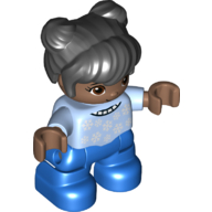Duplo Figure Child with Two Buns on Top and Long Bangs Black, with Blue Legs, Bright Light Blue Shirt with Snowflakes Print Leuchtendes Hellblau