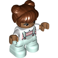 Duplo Figure Child with Two Buns on Top and Long Bangs Reddish Brown, With Light Aqua Legs, Coral and White Stripes on Shirt Print Weiß