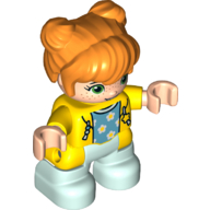 Duplo Figure Child with Two Buns on Top and Long Bangs Orange, with Light Aqua Legs, Hoodie over Azure Shirt with Stars Print Gelb