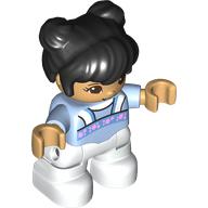 Duplo Figure Child with Two Buns on Top and Long Bangs Black, White Legs, Pink Flowers Print Bright Light Blue