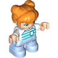 Duplo Figure Child with Two Buns on Top and Long Bangs Orange, Bright Light Blue Legs, Light Aqua and Dark Turquoise Striped Shirt Print White