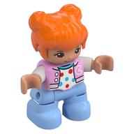 Duplo Figure Child with Two Buns on Top and Long Bangs Orange, Bright Light Blue Legs, White Shirt with Red Spots Print Bright Pink