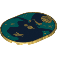 Tile Round 6 × 8 with Dark Blue Ariel Contours, Dark Turquoise Background, Golden Shells print Perlgold